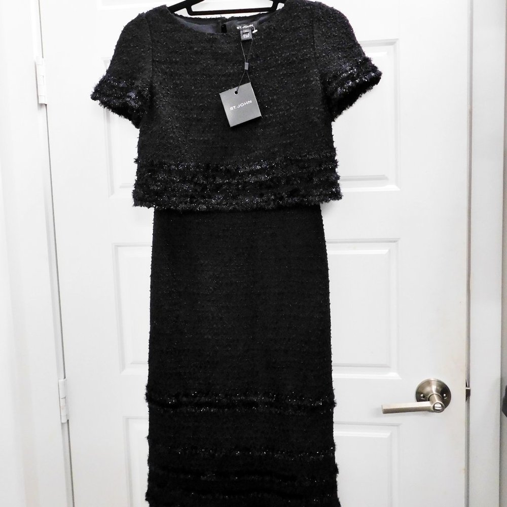 New St John Black Sparkle Fringe Boucle Knit Dress sz 0